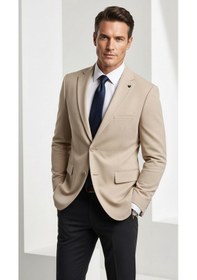 Resim Plus Scorpion Erkek Slim Fit Çift Düğme Çift Yırtmaçlı Blazer Ceket Premium Dokulu Kumaş Bej 