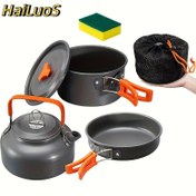 Resim 1 set 4 parça (3 mutfak aleti + 1 bez) açık hava mutfak seti, çaydanlık ve tencere seti, 3-4 kişilik kamp mutfağı seti. Çaydanlık, pişirme tavası ve tava + temizlik bezi, taşınabilir | kolay temizlenebilir | yer tasarrufu 