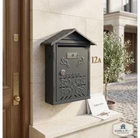 Resim HDF Çatılı Posta Kutusu Metal Dış Mekan Apartman ve Müstakil Ev Tipi Isimlikli - 31X24X9 cm 
