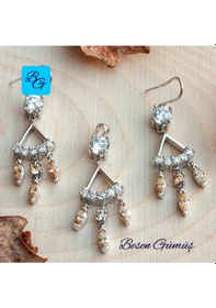 Resim Üçlü Sitrin Taş Sallantılı Set Rose Gold - Gümüş 