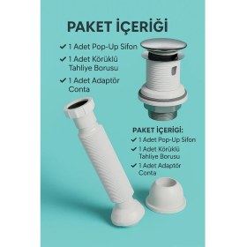 Resim Pop-Up Lavabo Sifon Seti – Taşmalı Uyumlu, Körüklü Tahliye ve Adaptör Conta Dahil 