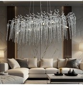 Resim Laura Sıralı Krom Yemek Masası Üstü Kristal Taşlı Modern Tasarım Su Damlası Taşlı Salon Avize Krom 