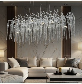 Resim Laura Sıralı Krom Yemek Masası Üstü Kristal Taşlı Modern Tasarım Su Damlası Taşlı Salon Avize Krom 