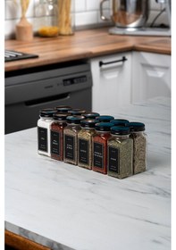 Resim 12'li Şeffaf Kristal Plexi Standlı Cam Baharatlık Seti Siyah Kapaklı Etiketli Baharatlık Mh03syh12 Siyah - Şeffaf 