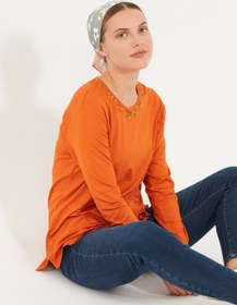Resim Desen Bisiklet Yaka Çiçekli Uzun Kollu Turuncu Kadın Bluz 22120707 