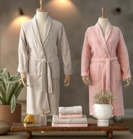 Resim Casita Flos %100 Pamuk 6 Parça Aile Bornoz Seti Taş Pudra Pembe 