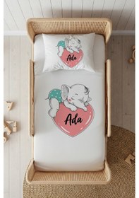 Resim %100 Pamuk Saten İsme Özel İsimli 100x200 Tek Kişilik Lastikli Çarşaf Seti Kalpte Bebek Fil Beyaz 
