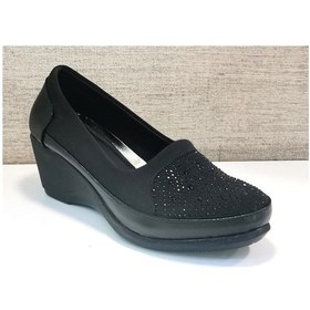 Resim White Line 1630 Kadın Taşlı Paraşüt Kumaş Dolgu Topuklu Ayakkabı Siyah 