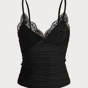 Resim Kadın Y2K Seksi Düz Renk Dantel Detaylı Ruched Cami Üst - V-Yaka Kolsuz Crop Tank Çiçek Desenli, Esnek ve Makinede Yıkanabilir Tüm Mevsimler İçin, Çok Yönlü Moda, Trendli Kıyafet, Zarif Tasarım, Pürüzsüz Dokulu 
