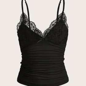 Resim Kadın Y2K Seksi Düz Renk Dantel Detaylı Ruched Cami Üst - V-Yaka Kolsuz Crop Tank Çiçek Desenli, Esnek ve Makinede Yıkanabilir Tüm Mevsimler İçin, Çok Yönlü Moda, Trendli Kıyafet, Zarif Tasarım, Pürüzsüz Dokulu 