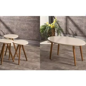 Resim Uslucan Alışveriş Zigon Sehpa Ve Orta Sehpa Set Ahşap Torna Elips Krem Çok Renkli 