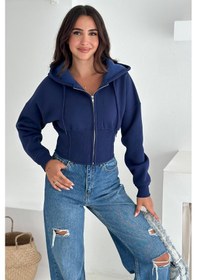 Resim Kadın Siyah Fermuarlı Hoodie Minimal Sokak Ruhuyla Lacivert 