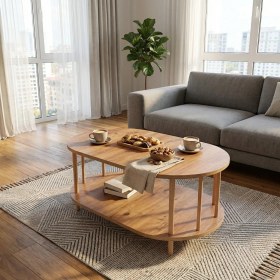 Resim tridihome Iskandinav Tarzı Masif Ahşap Oval Orta Sehpa Çift Katlı Raflı Salon Ofis Sehpası 50X90X43 cm 