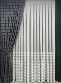 Resim Yatay Saçak Etekli Tül Perde 1/2,5 Orta Sık Pile Ekru Kırık Beyaz 