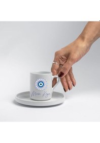 Resim Nazar Boncuklu Kişiye Özel Türk Kahvesi Fincanı İsim Yazılı Hediyelik 1 Adet Beyaz 