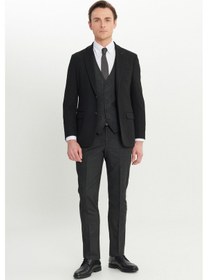 Resim AC&Co / Altınyıldız Classics Erkek Siyah Antrasit Slim Fit Dar Kesim Mono Yaka Balıksırtı Desenli Kapak Cepli Yelekli Takım Elbise Siyah Antrasit Siyah 