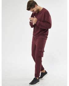 Resim Unisex Bordo 3 Iplik Jogger Rahat Kalıp Kargo Cepli Eşofman Altı Bordo 