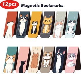 Resim 12 Adet Kaprisli Kedi Tasarımlı Manyetik Kitap Ayracı - Çeşitli Kedi Desenleri, Dayanıklı Kağıt Malzeme, Okuyucular, Öğrenciler, Öğretmenler ve Parti Hediyeleri İçin İdeal 