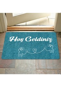 Resim Dijital Baskılı Kapı Önü Paspas Hoşgeldiniz Yazılı Çiçek Desen Ve Kedi Iç Ve Dış Kapı Yıkanabilir Yeşil 