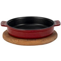 Resim Lava Döküm Yuvarlak Güveç Kabı Döküm Demir Yekpare Çift Kulplu Kayın Servis Ahşabı Çap 17 CM Bordo 