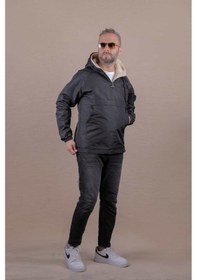 Resim Ohepmoda Kanguru Cepli Kürklü Erkek Yağmurluk Mont Siyah 