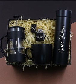 Resim Kişiye Özel Dereceli Termos & French Press & Benzinli Çakmak & Siyah Kupa Hediye Seti 
