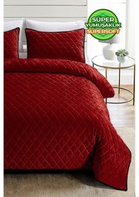 Resim Evlen Home Kapitone Kadife Yatak Örtüsü Seti Tek Kişilik Supersoft 2 Parça Yumuşak Elyaf Dolgulu Kırmızı Kırmızı 