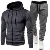 Resim Nokta Baskılı Fermuarlı Kapüşonlu Sweatshirt Takımı Erkek Spor Sweatshirt Ve Eşofmanı Koyu Gri Koyu Gri Siyah Bel Pantolon 