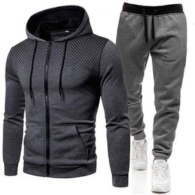 Resim Nokta Baskılı Fermuarlı Kapüşonlu Sweatshirt Takımı Erkek Spor Sweatshirt Ve Eşofmanı Koyu Gri Koyu Gri Siyah Bel Pantolon 