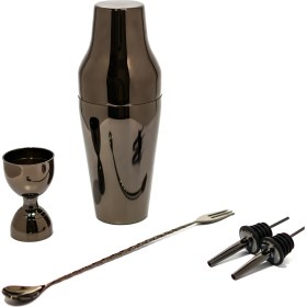 Resim TheBRoParlak Siyah French Kokteyl Seti Shaker ,30/60 ml Kupa Jigger, Çatallı Bar Kaşığı ve Şişe Dökücü 