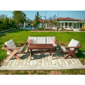 Resim Berlin Masif Ahşap Koltuk Takımı Kestane Ağacı-3+1+1+masa Krem Kt Kahverengi 