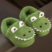 Resim Erkek Çocukları için Peluş TPR Tabanlı Dinozor Terlikleri & Timsah/Krokodil Dişleri - Sıcak Kışlık İç/Dış Mekan, Yeşil & Beyaz Düşük Kesim Kolay Giyim, Uyku ve Oyun için Sevimli Dinozor Çizme 