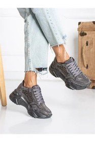 Resim Prego (Tayyar) Gri Taşlı Yüksek Taban Bağcıklı Poli Hafif Taban Kadın Spor GUMÜŞ 