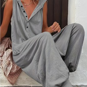 Resim Kadınlar için Hafif %100 Polyester Kapüşonlu Düğmeli Kolsuz Tulum - Ayarlanabilir Beli Olan Günlük Yazlık Harem Pantolonu, Makinede Yıkanabilir Düz Renk 