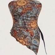 Resim Kadınların Bohem Tarzı Omuzdan Çıkarılabilir Kırpma Üstü - Canlı Paisley ve Güneş Motifli - Asimetrik Etek, Kolsuz, Yaz Modası, Bohem Tarzı Üst|Vintage Bohem Üst|Poliester Astar 
