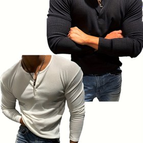 Resim 2 adet Erkekler için Dar Kesim Esnek Fitness ve Rahat Spor Henley Gömlekleri - Uzun Kollu, Düğmeli, Ribana Tasarım, Siyah ve Gri, Bahar/Sonbahar Egzersizleri için Mükemmel, Egzersiz Gömlekleri 