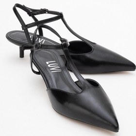 Resim Asher Siyah Cilt Sivri Burun Arkası Açık Kadın Kısa Topuklu Ayakkabı Siyah 