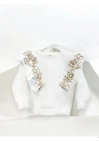 Resim Kız Çocuk Pamuklu Orta Kalınlık Omuzları Fırfırlı Ve Nakışlı Sweatshirt-14447 Ekru 