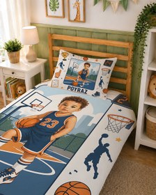 Resim Evmila Karikatüristik Basketbol Temalı Nevresim Takımı - 100x150 cm Nevresim ( Bebek Boy Özelleştirilmiş ) + 35x45 cm Yastık Kılıfı 