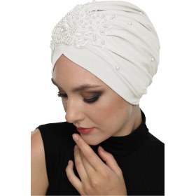 Resim Elysianfidan Kopma Astarlı Işlemeli Krem Gül Motifli Hazır Türban Tesettür Abiye Bone Krem Gül 