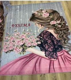 Resim Gül Demet Tutan Kız Dijital Baskı Çocuk Oda Halısı 