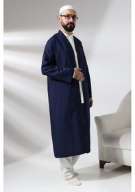 Resim Lacivert Erkek Namaz Elbisesi V Yaka Düğmesiz Önü Açık Namaz Cübbesi 001 