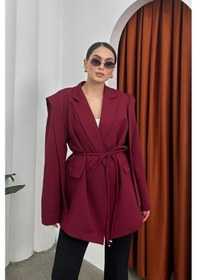 Resim Kadın Oversize Blazer Ceket Kuşaklı Omuz Detaylı Bordo 