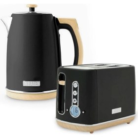 Resim Dorchester 2'li Set Kettle ve Ekmek Kızartma Makinesi, Mat Siyah ve Ahşap Vurgular 