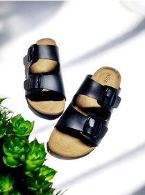 Resim Erkek Çift Toka Ayarlanabilir Falson Mantar Taban Ev Ve Dışarı Terliği Siyah 