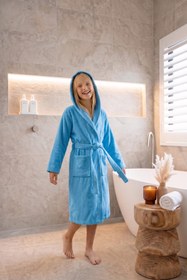 Resim CottonVerse Genç & Çocuk Kapşonlu Bornoz - %100 Pamuk, Unisex Mavi - Mavi / 9-10 Yaş 
