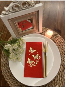 Resim Gold Yaldızlı Kırmızı Kelebek Yaprak Detaylı Peçete 16 Adet 