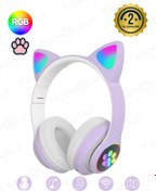 Resim Kensa Lila Bluetooth 5.0 Mikrofonlu Kablosuz Yüksek Ses Akıllı Led Işıklı Kedi Patili Rgb Mor Kulaklık 