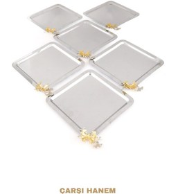Resim Paslanmaz Gümüş Çift Kelebek Aksesuarlı Tepsisi Kare 6 Adet S... 