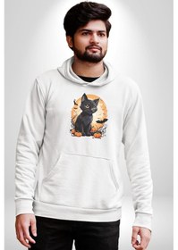 Resim Cadılar Bayramı Kedi Kadın Erkek Beyaz Kapüşonlu Sweatshirt Hoodie Beyaz 